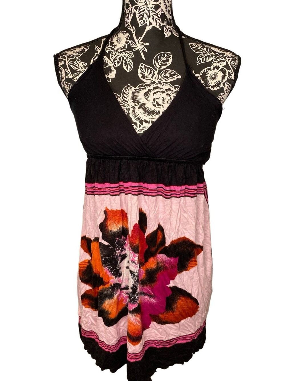 Rue21 Black Pink Floral Halter Babydoll Tank Top Y2K Boho Festival Summer Beach